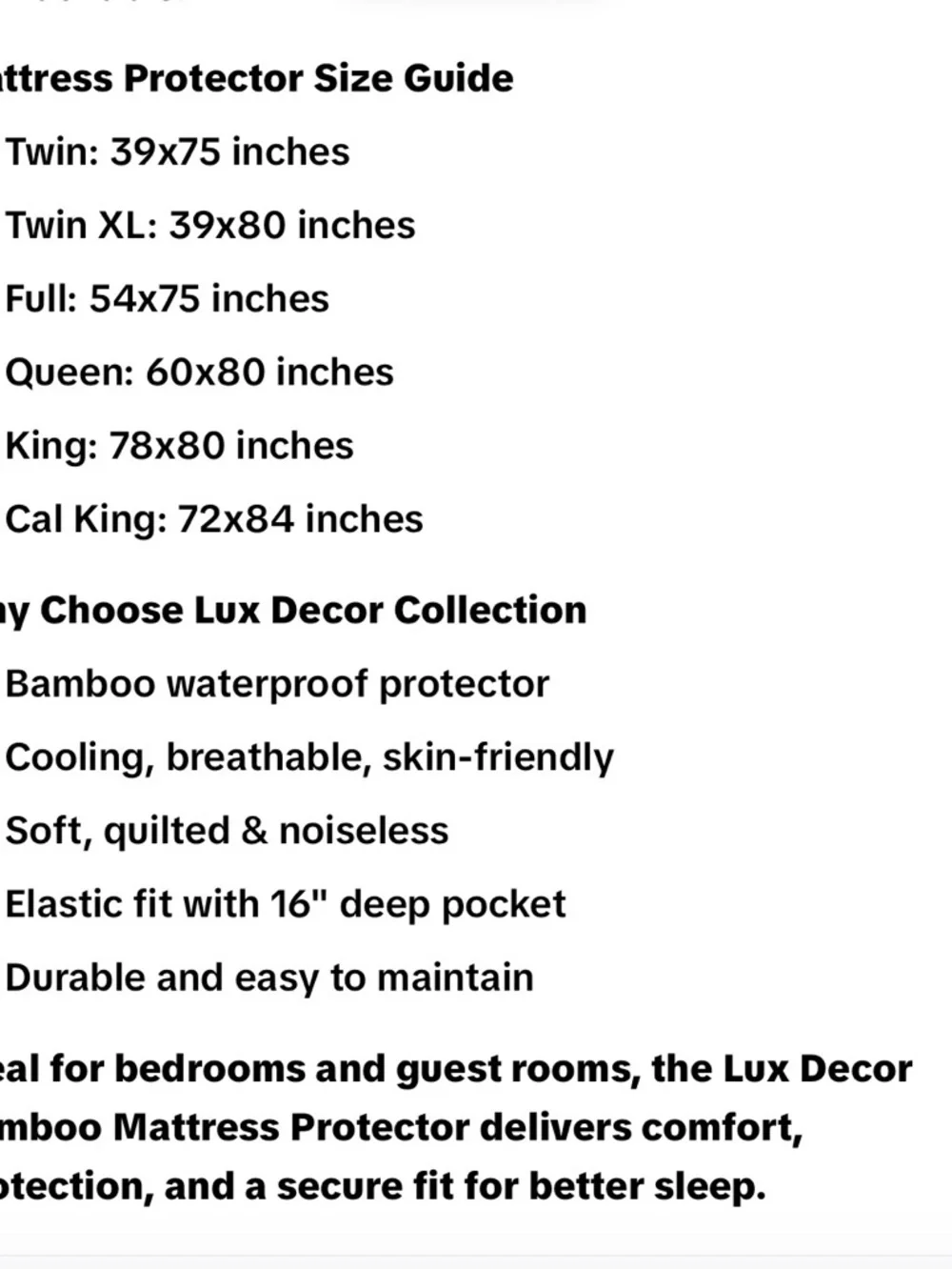 Twin XL size Bamboo Waterproof Mattress Protector with 16